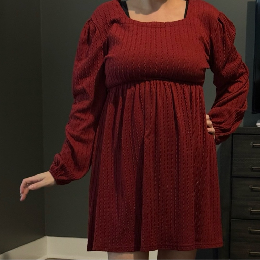 Women’s Square Neck Long Sleeve Dress - Burgundy